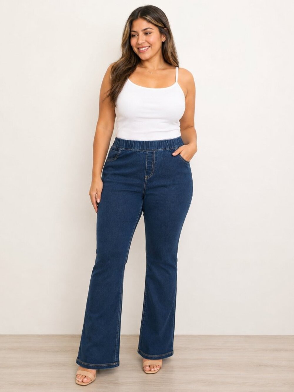 Stretch Pull On Denim Jeans Women's Large Dark Wash Straight Leg Comfort Fit